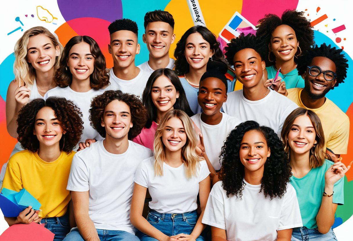 A vibrant collage of joyful content creators, showcasing diverse individuals with beaming smiles and lively expressions, surrounded by colorful art supplies, cameras, and digital devices. Add elements representing different platforms like YouTube, TikTok, and Instagram with playful splashes of color and fun motifs. The scene is infused with an atmosphere of creativity and celebration, evoking a sense of pleasure and connection. The background is bright and uplifting, reflecting the joy in creating engaging content. super-realistic. vibrant colors. white background.