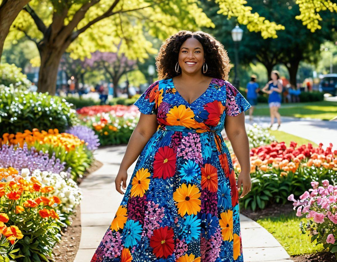 A joyful full-figured woman standing confidently in a colorful, vibrant city park, surrounded by blooming flowers and playful children, exuding a sense of independence and beauty. She wears a flowing, patterned dress that celebrates body positivity, with a radiant smile showcasing her confidence. The scene conveys warmth, diversity, and empowerment. super-realistic. vibrant colors. outdoor setting.